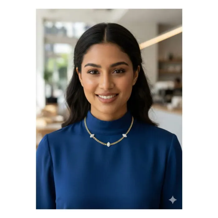 ⁦كوليه بسلسلة عريضة مطلية باللون الذهبي ، بثلاث وحدات بيضاوية على شكل عين أو دمعة لامعة . مُصممة بأحجار فضية لامعة - وصلات إضافية لضبط المقاس.⁩ - الصورة ⁦7⁩